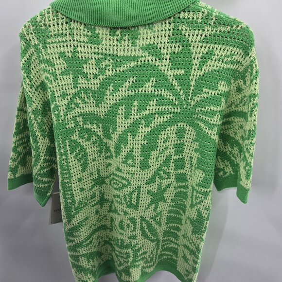 Massive Luxury Green Open Knit Crochet Polo Button Front Short Sleeved Top - Picture 2 of 14